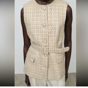 NWT Zara Structured Belted Vest. Gold/cream